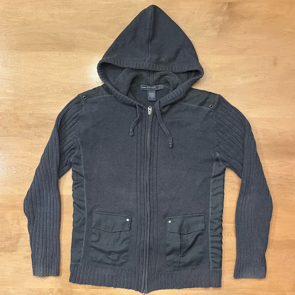 Men's dark-gray full-zip sweater-hoodie by Retrofit. Consider it a dress hoodie.